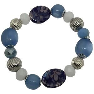 Blue & Silver Beaded Stretch Bracelet Mixed Media Jewelry